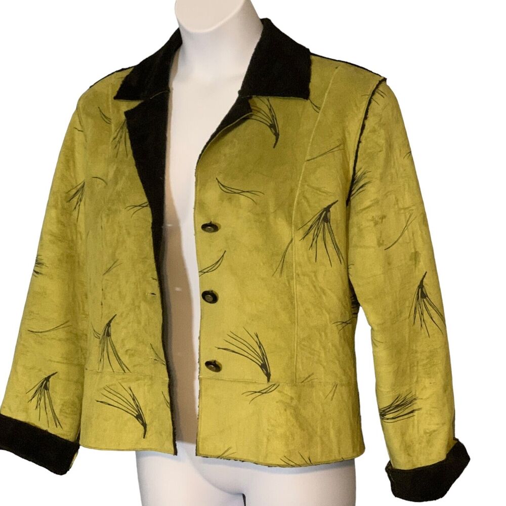 Robert Kitchen Suede Jacket Coat Green Sz Large Glam Black Faux Fur Lined Glam